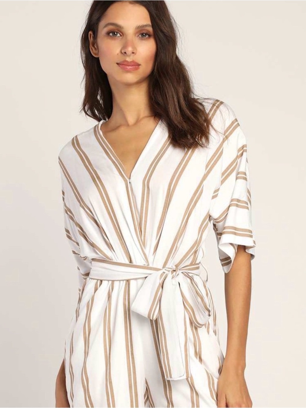 Lulus Lush Striped Tie-Waist V-Neck Romper - White & Tan